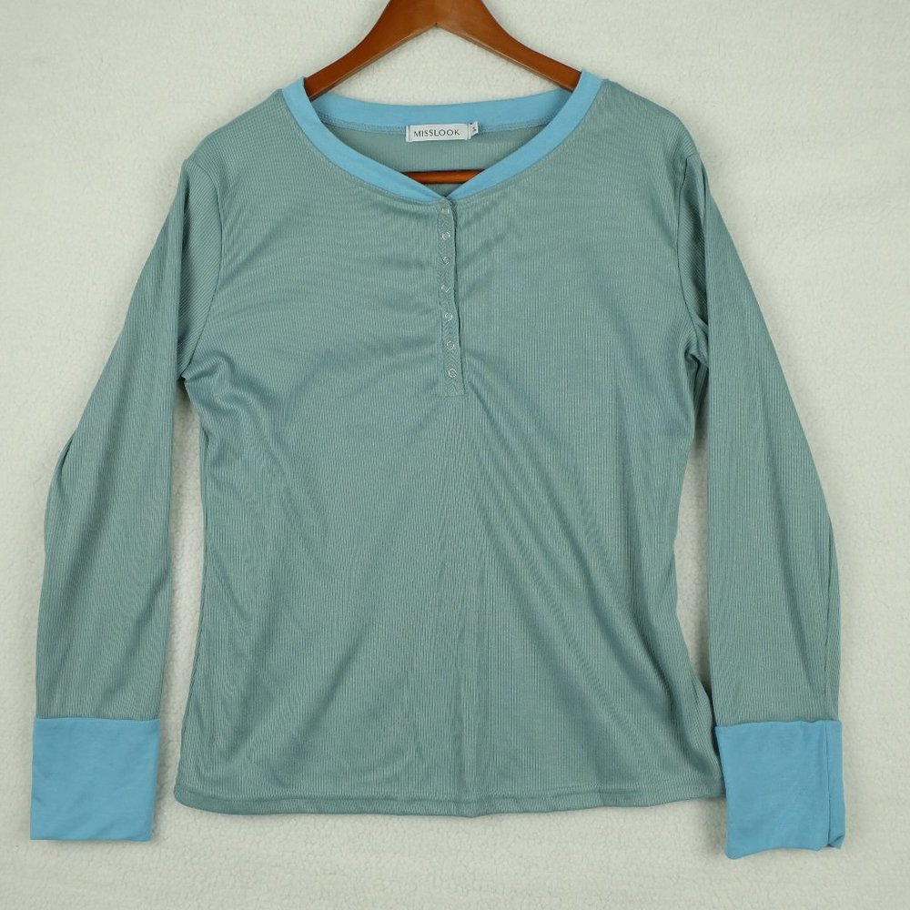 Mislook Womens Sweater Extra Large Blue Green Knit Ribbed Henley Lightweight